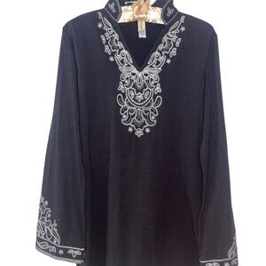 Decorated Originals Boho Ethnic Black Long Sleeve Embroidered Cotton Tunic Top L